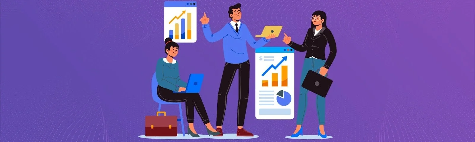 Illustration of a team reviewing performance metrics to improve employee productivity and performance.