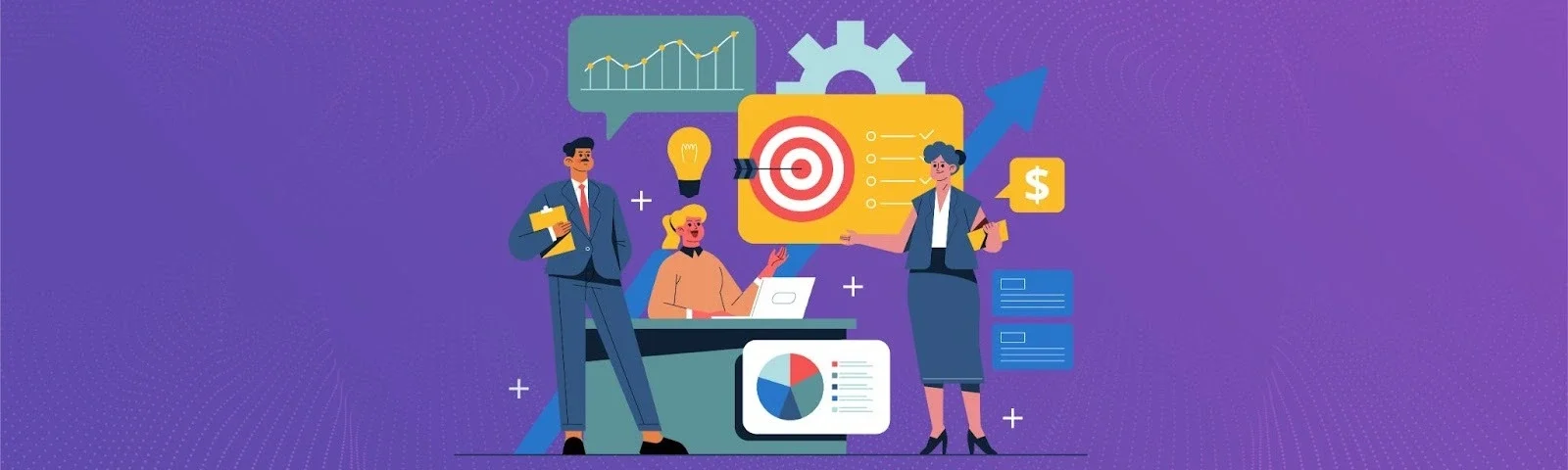 Illustration of business professionals using performance management software with charts, targets, and analytics