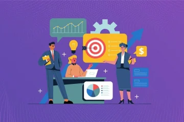 Illustration of business professionals using performance management software with charts, targets, and analytics