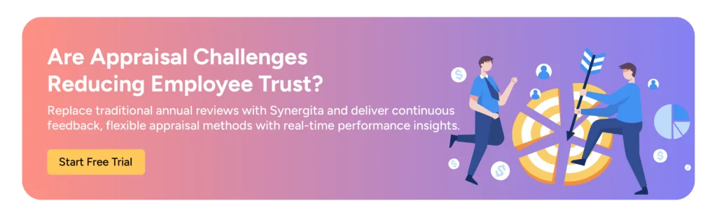Synergita Perform CTA banner promoting transparent, evidence-based performance reviews with a Start Free Trial button.