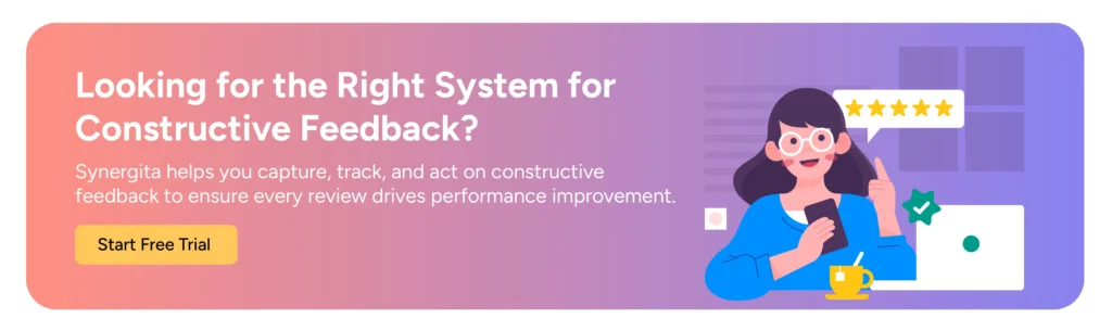 CTA banner encouraging managers to start a free trial and turn constructive feedback into measurable performance outcomes.