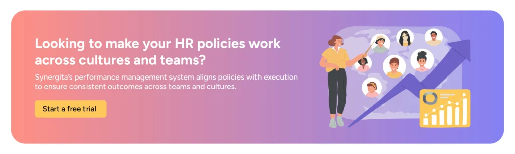  CTA inviting visitors to partner with Synergita to align HR policies and OKR-driven performance management across global teams.

