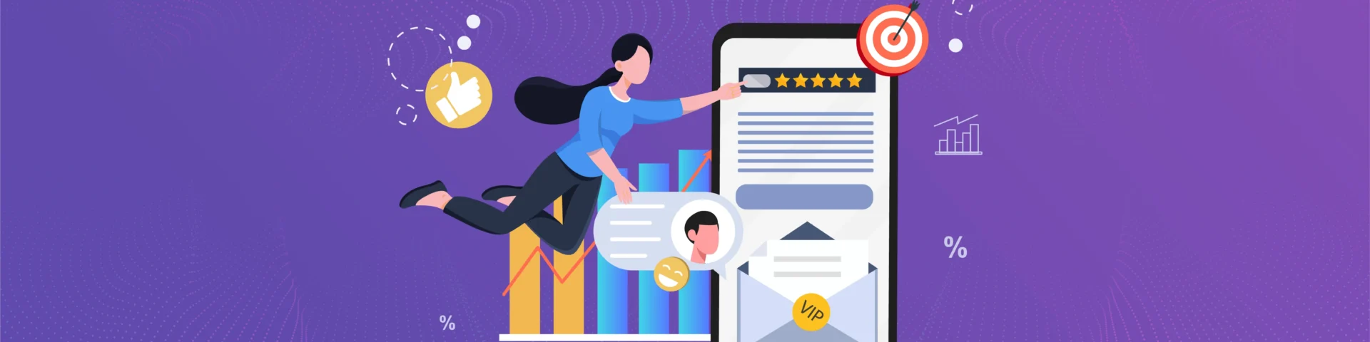 Illustration of an employee performance review form with star ratings, feedback, analytics, and an email representing year-end review communication