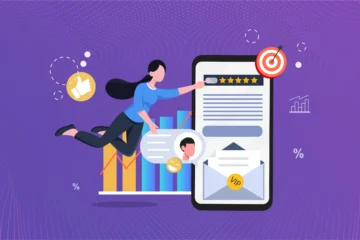 Illustration of an employee performance review form with star ratings, feedback, analytics, and an email representing year-end review communication