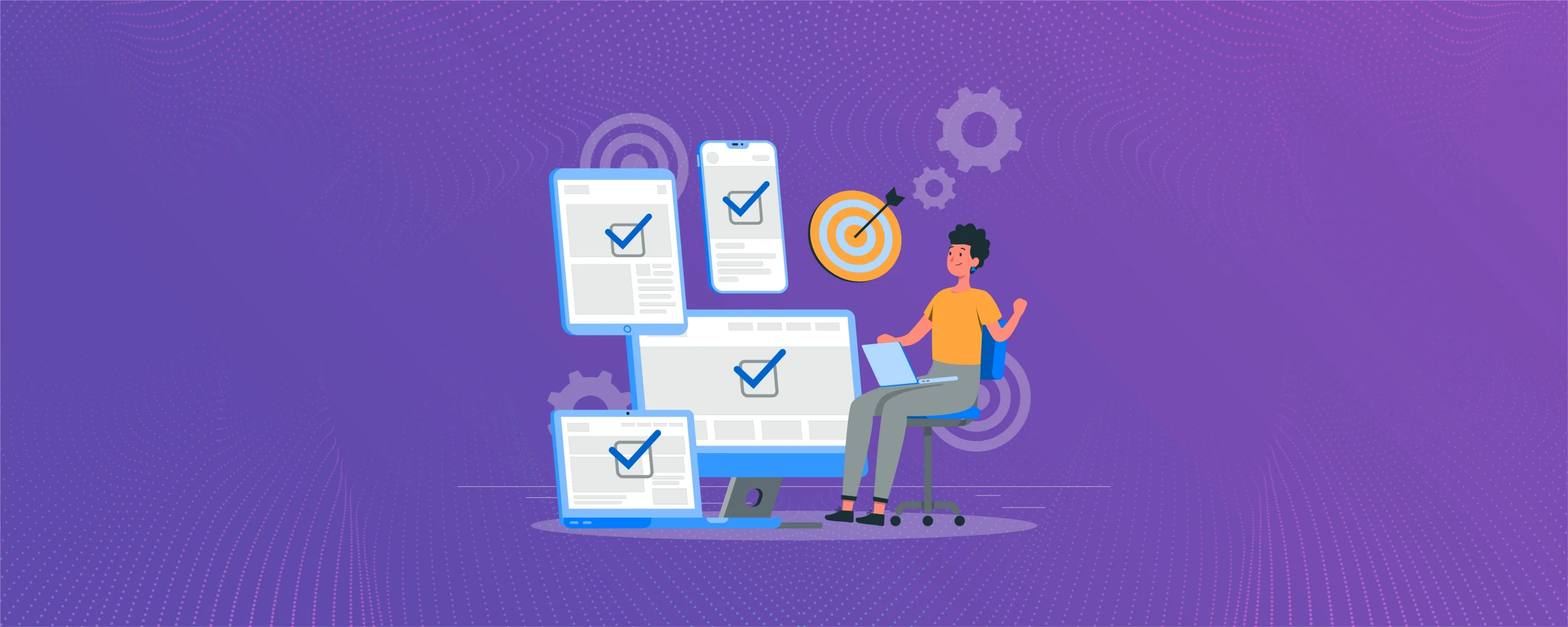 A professional working across multiple screens with completed tasks and goals, representing work-life balance challenges