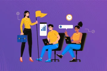 Illustration of a manager guiding team members representing structure, culture, and leadership alignment