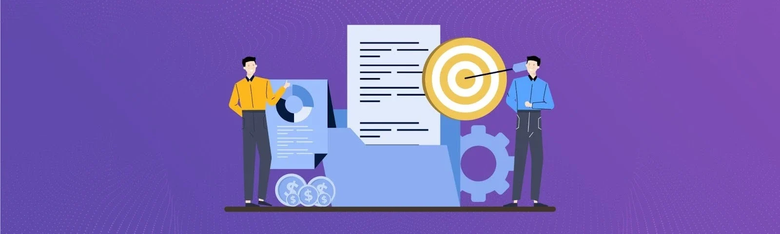 Illustration of the team analyzing reports and achieving targets, representing the importance of OKRs for business success