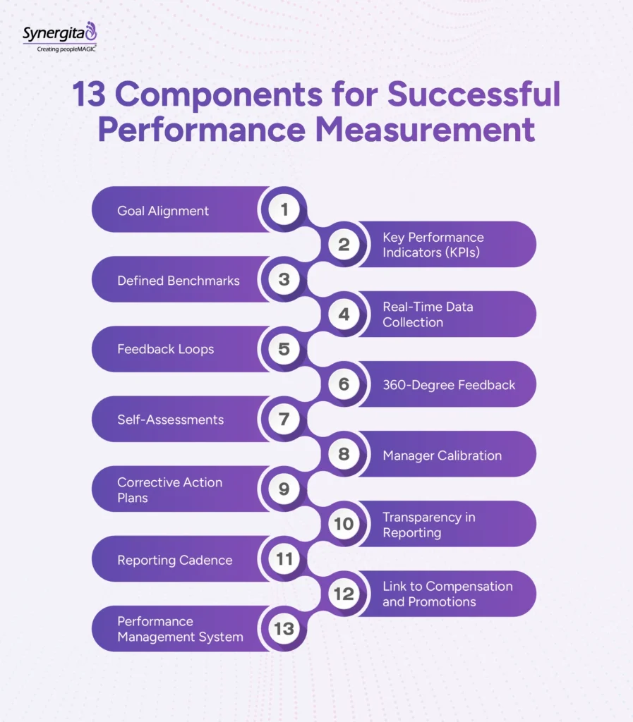 Infographics showing the 13 Components for Successful Performance Measurement