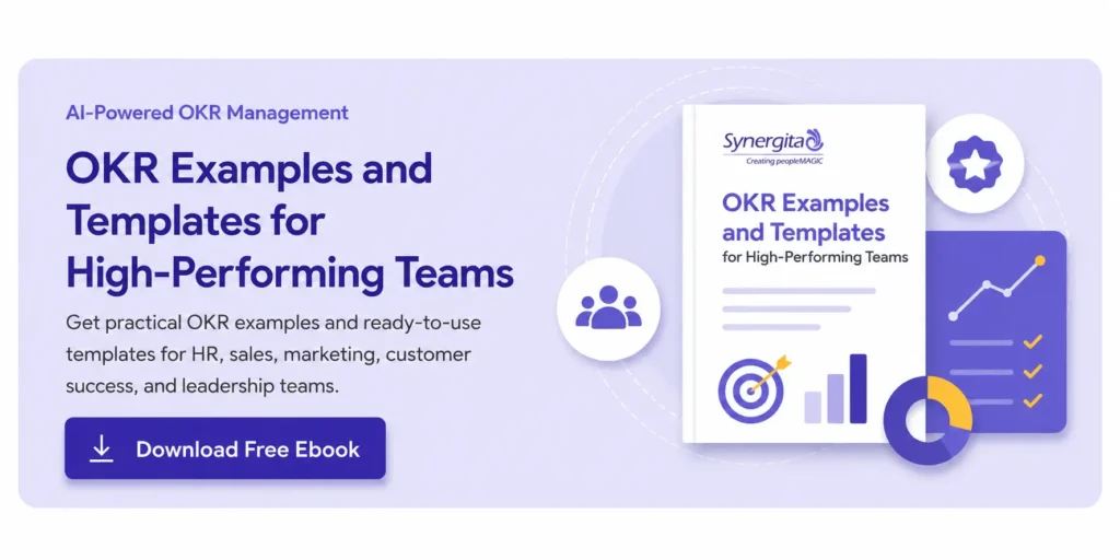 AI-powered OKR management ebook with practical OKR examples and templates for HR, sales, marketing, customer success, and leadership teams, featuring a free download call-to-action.