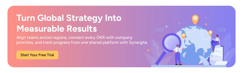 Synergita CTA banner encouraging global teams to align regional OKRs with company priorities