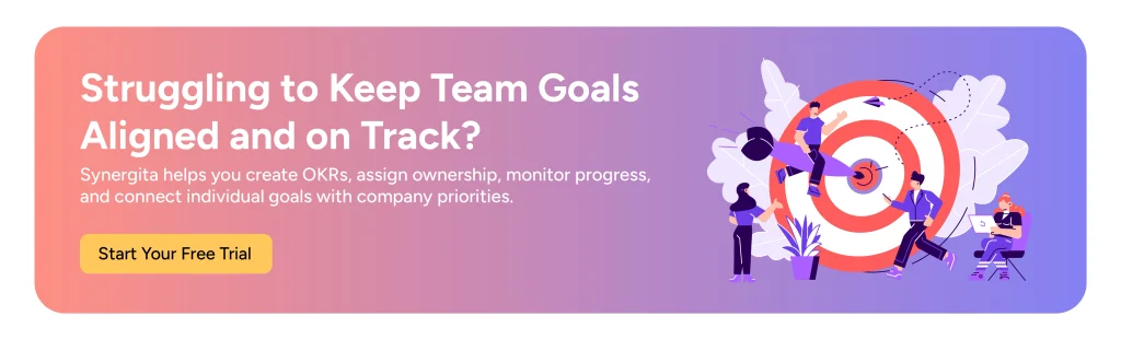 Synergita CTA banner for aligning team OKRs and tracking progress with a free trial.