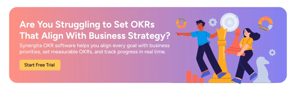 CTA banner encourages teams struggling with goal alignment to use Synergita OKR for structured goal tracking, alignment, and measurable business outcomes.