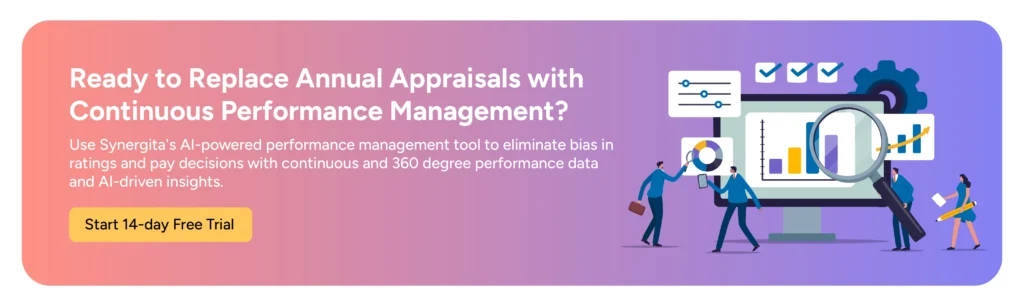 CTA banner inviting users to try Synergita performance management system with a 14 day free trial