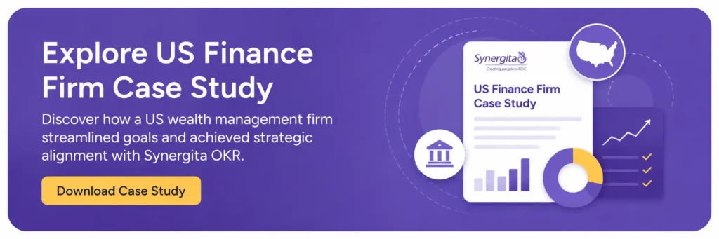 CTA image asking users to download a case study of how US finance firm improve productivity with Synergita OKR software