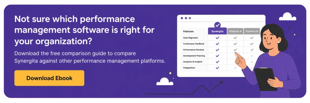  CTA banner promoting a performance management software comparison ebook, featuring Synergita and other performance management platforms. 