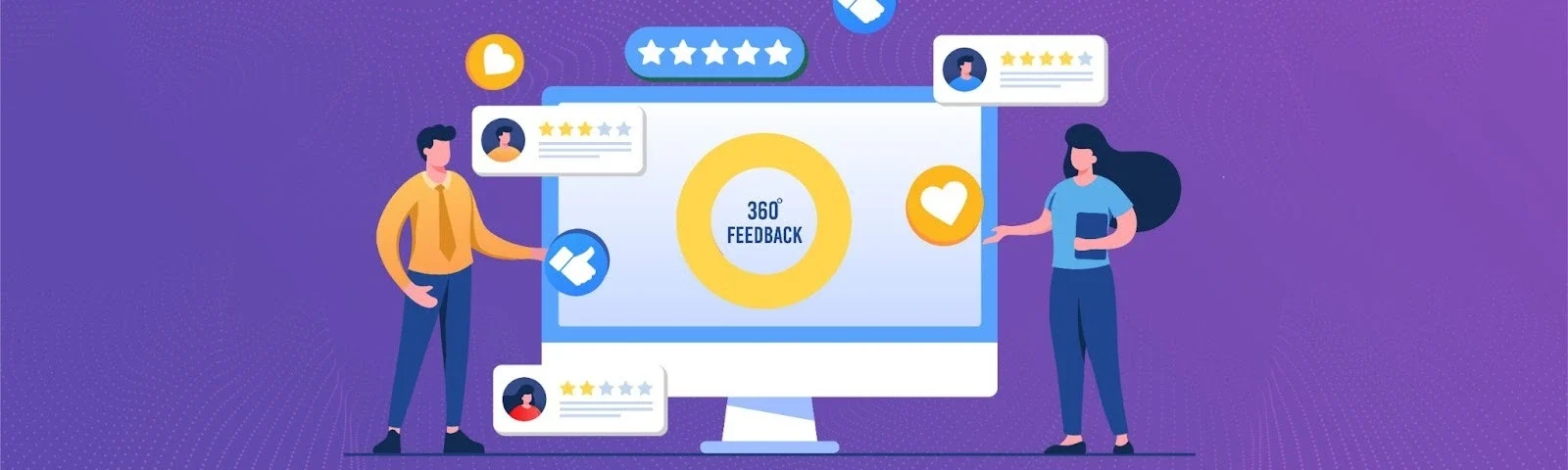 Employees contributing to a central 360° feedback hub with various rating and review indicators.