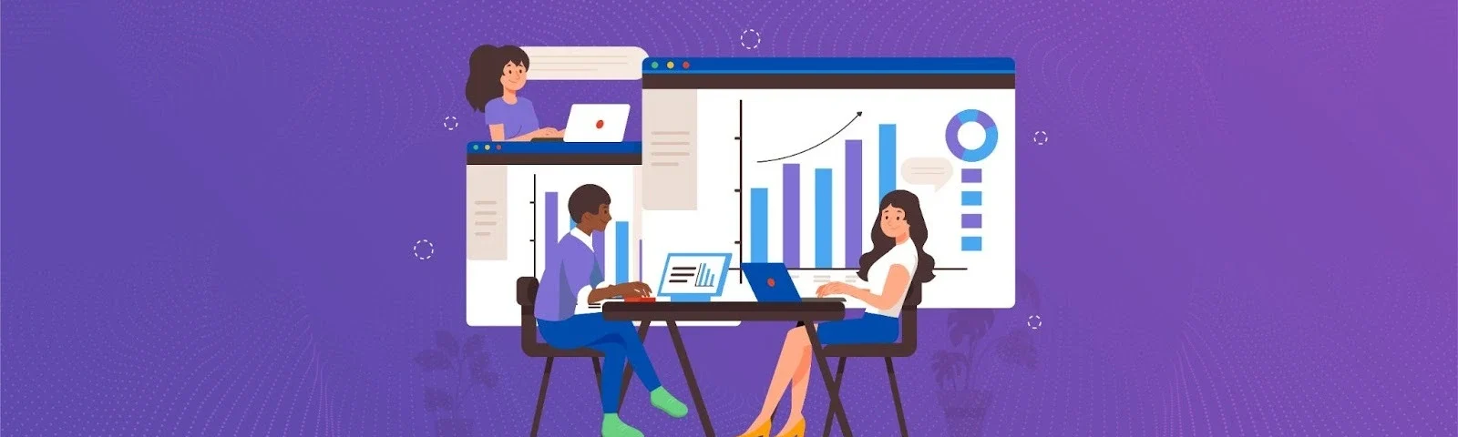 Illustration of a professionals reviewing performance reports using performance management systems.