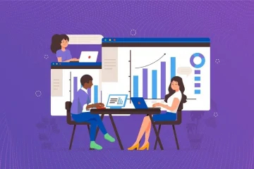 Illustration of a professionals reviewing performance reports using performance management systems.