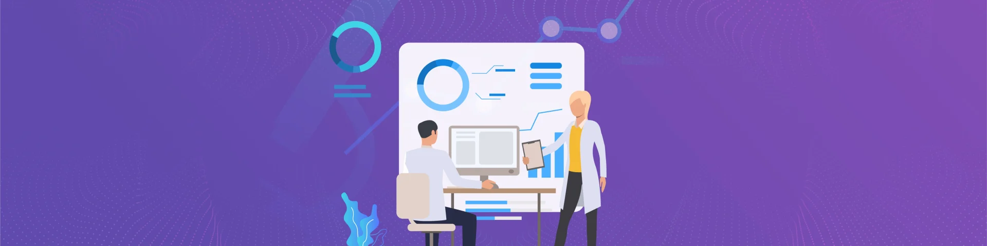 Illustration of healthcare professionals using performance data and analytics to improve hospital operations and patient care.