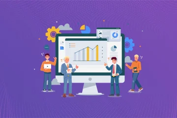 Banner illustration for a performance management blog showing employees reviewing business performance data and growth charts