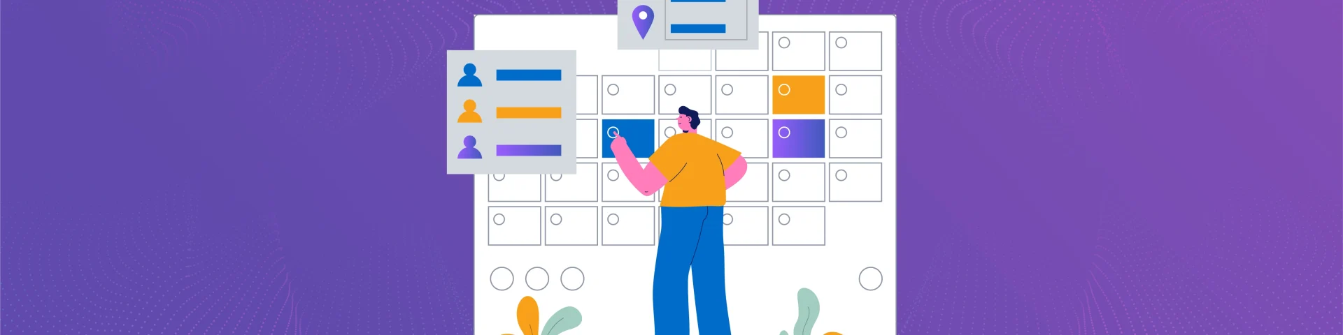 Illustration of a weekly OKR check-in dashboard with goals, progress tracking, and team assignments.