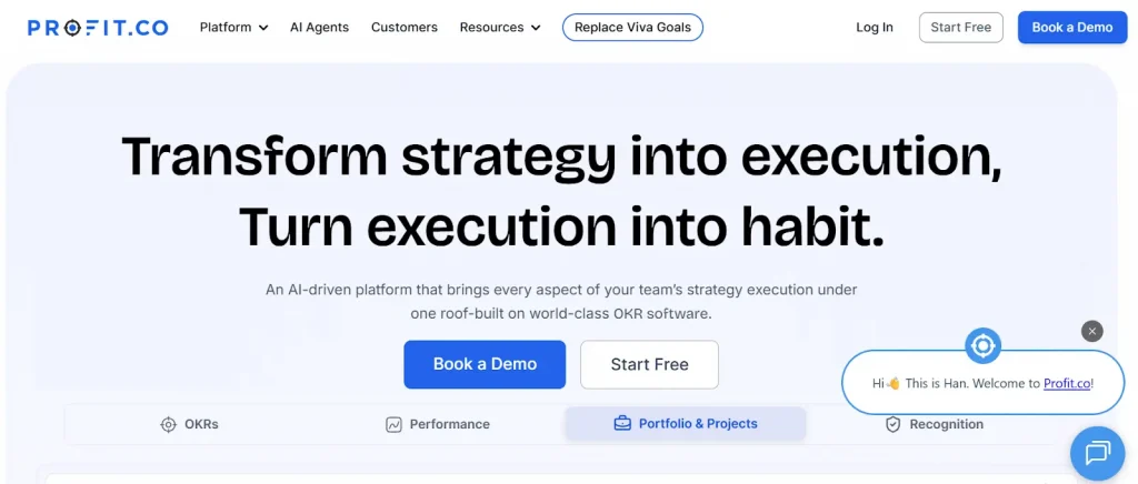  Screenshot of Profit.co OKR tool homepage 