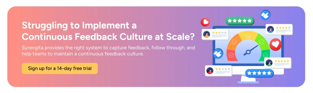 CTA image inviting readers to sign up for the Synergita Performance Management tool, free for 14 days.
