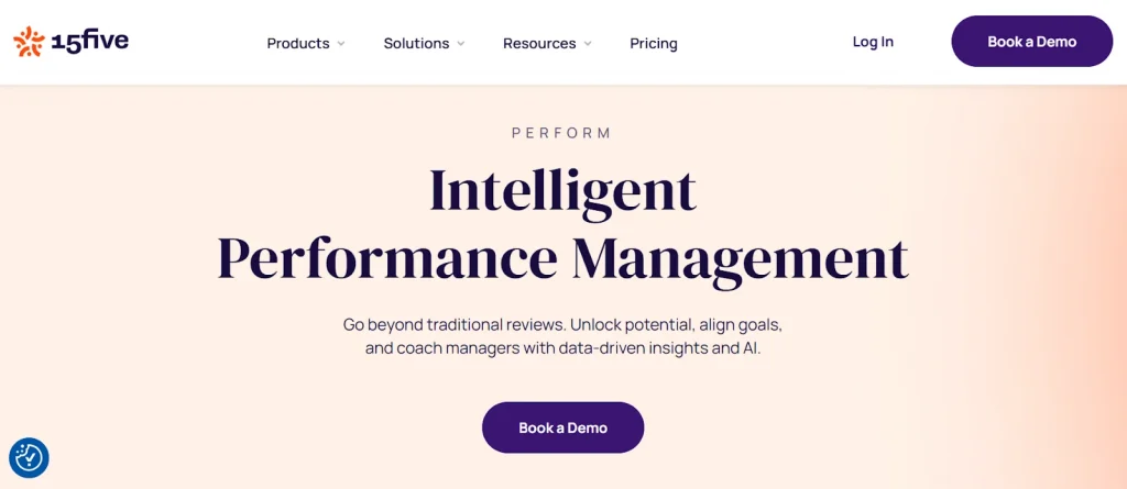 15Five performance management platform webpage showing intelligent, AI-driven performance reviews with a "Book a Demo" CTA button.

