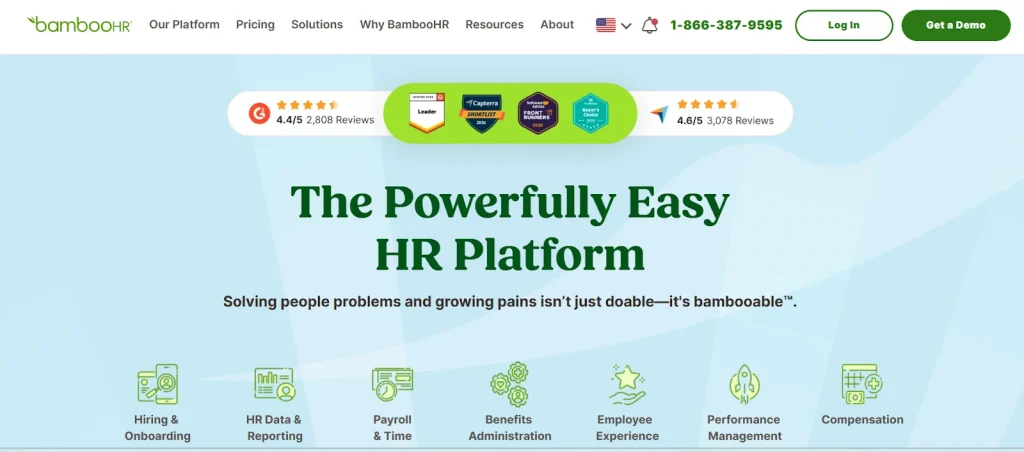 BambooHR HR software homepage showcasing an easy-to-use HR platform with hiring, payroll, benefits, performance management features, and "Get a Demo" call-to-action.
