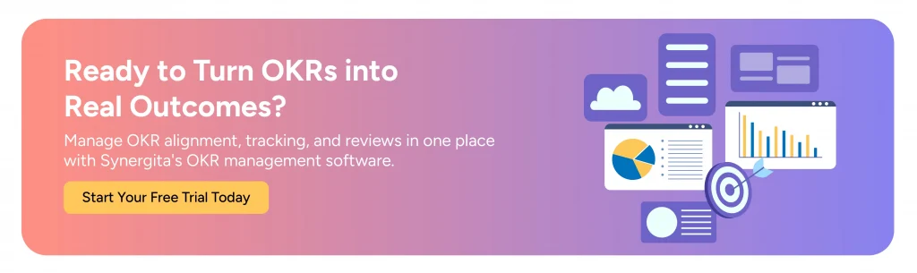 Call to action image asking readers to try Synergita OKR tool with 14 days free trial