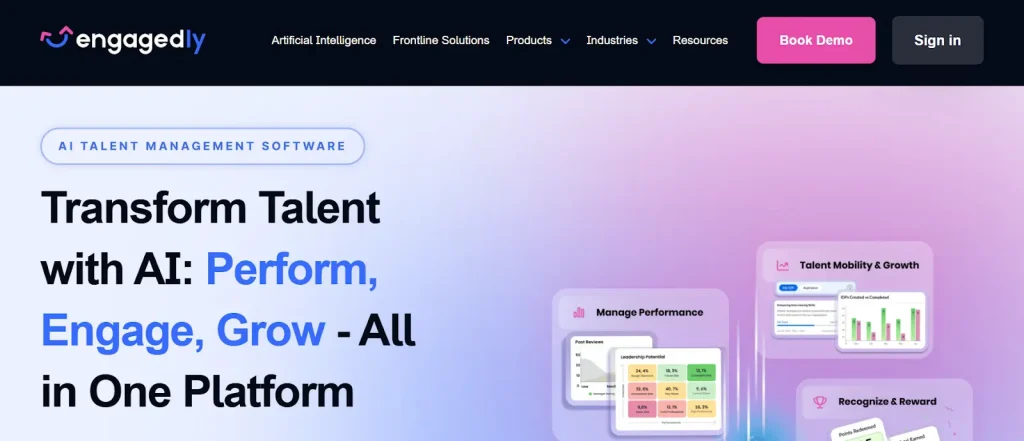 Engagedly AI talent management software highlighting webpage performance management, employee engagement, and growth tools with a "Book Demo" CTA.
