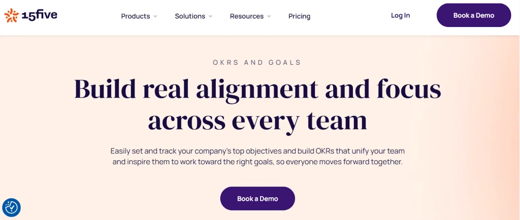 Home page of 15Five OKR software website