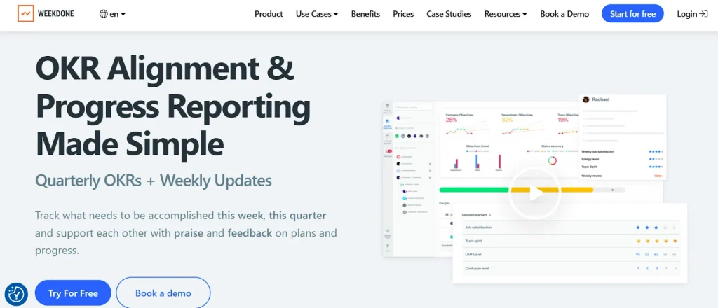Home page of weekdone OKR software website