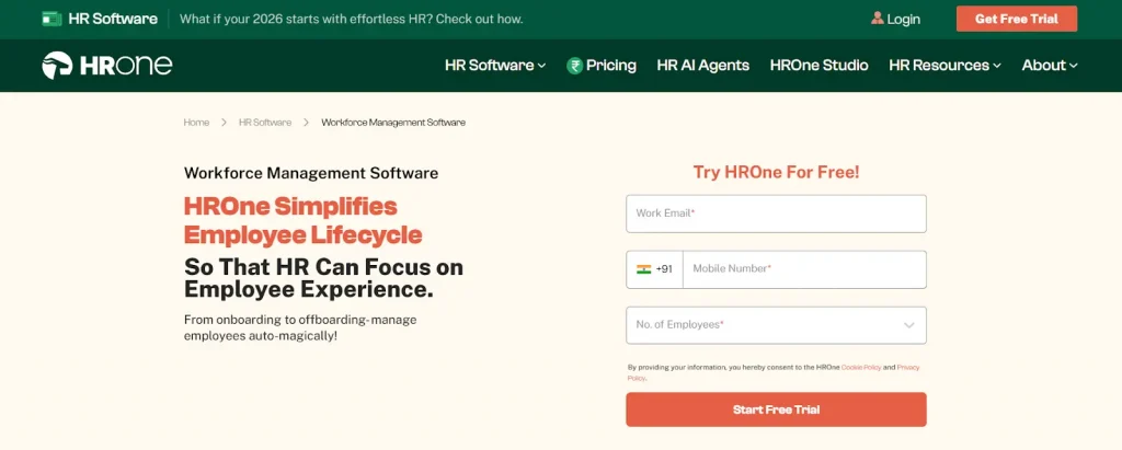 HRone workforce management software webpage highlighting employee lifecycle automation with a "Start Free Trial" sign-up form.

