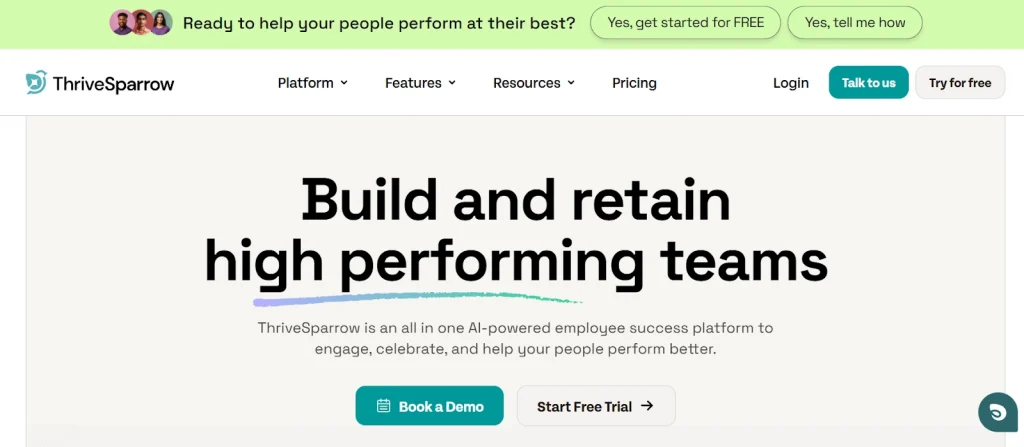 ThriveSparrow AI-powered employee success platform webpage highlighting tools to build and retain high-performing teams with “Book a Demo” and "Start Free Trial" call-to-action buttons.
