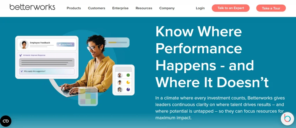 Betterworks performance software website showcasing employee feedback generation, performance tracking features, and data-driven talent visibility tools.
