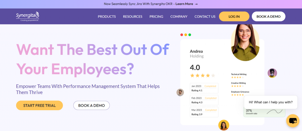 Synergita Performance management software dashboard, showing employee ratings, goal tracking, feedback scores, and CTA of starting a free trial and booking a demo.