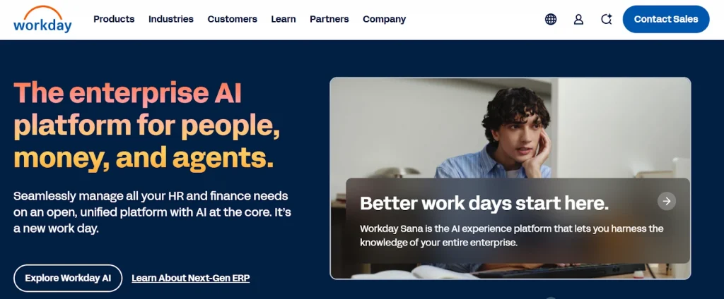  Workday enterprise AI platform website showcasing AI-powered HR and finance management solutions with "Explore Workday AI" and "Learn About Next-Gen ERP" call-to-action buttons.
