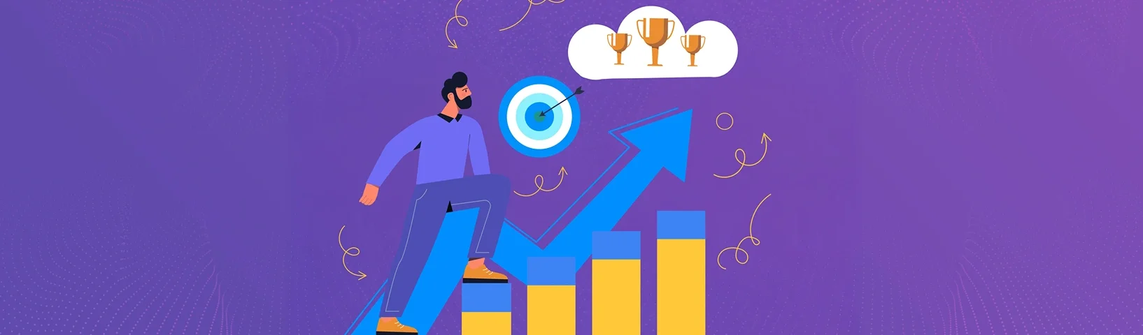 Business growth and goal achievement illustration with rising chart and target