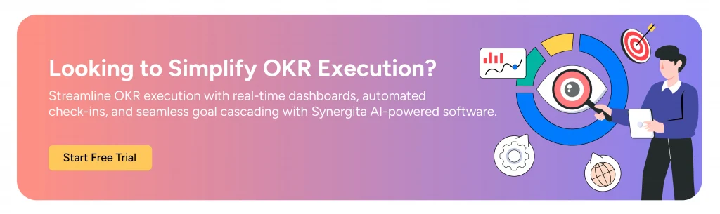 Call-to-action image inviting readers to start a free trial of Synergita OKR software for 14 days.