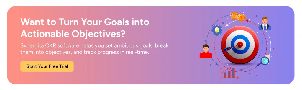 Call-to-action image that asks users to sign up for 14 days free trial of Synergita OKR software