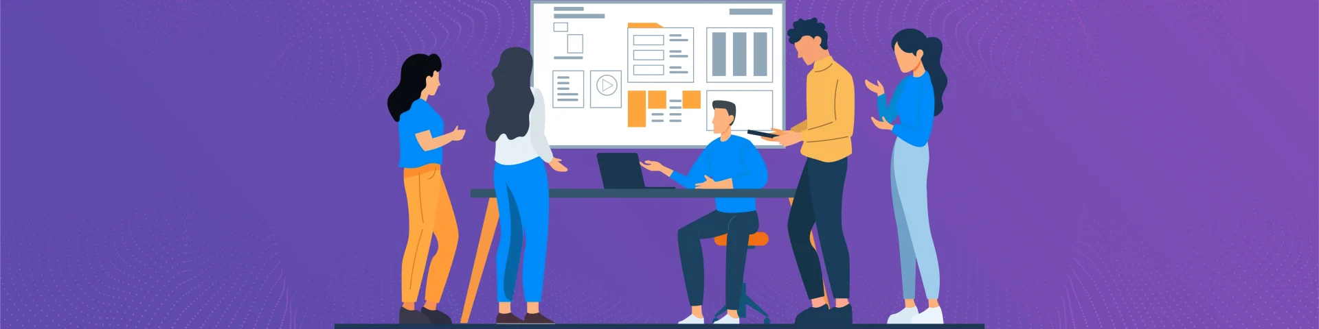 Banner image of team reviewing project updates and discussing status reports during a meeting