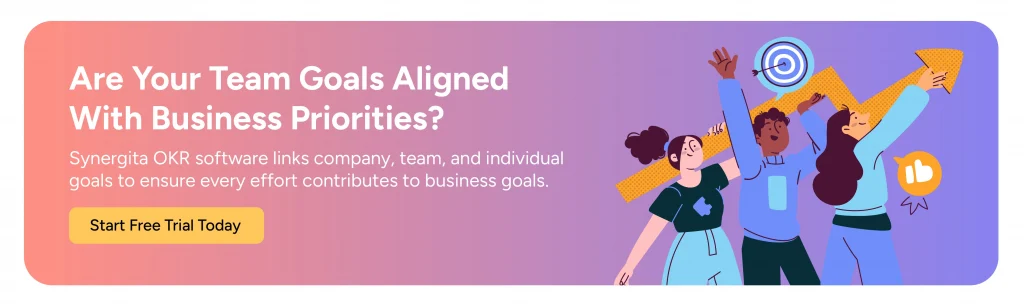 CTA image inviting readers to try Synergita OKR software to align company goals with team with a free trial period