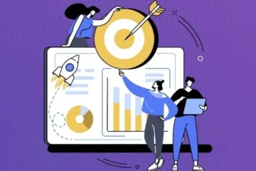 Illustration of a team aligning goals and analyzing progress dashboards for OKR tracking.