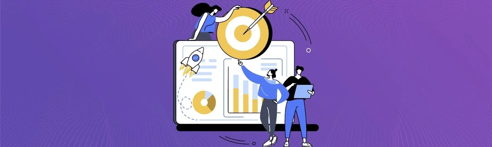 Illustration of a team aligning goals and analyzing progress dashboards for OKR tracking.