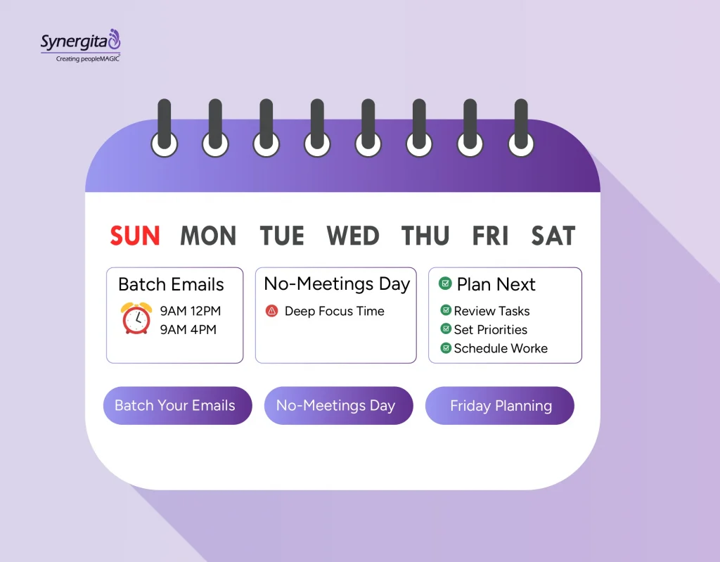  Weekly planner showing batch emails, no-meeting day for deep focus, and Friday planning tasks

