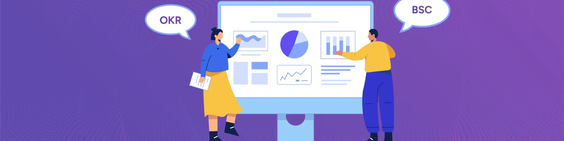 Banner image showing managers discussing OKR score vs Balanced Scorecard
