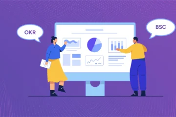 Banner image showing managers discussing OKR score vs Balanced Scorecard