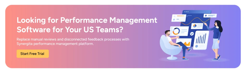 CTA banner for Synergita performance management software showing a prompt for US teams to start a free trial and manage employee performance.

