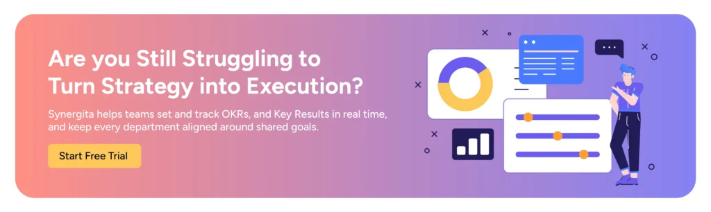 Call to action image asking readers to try Synergita OKR tool for strategy exection